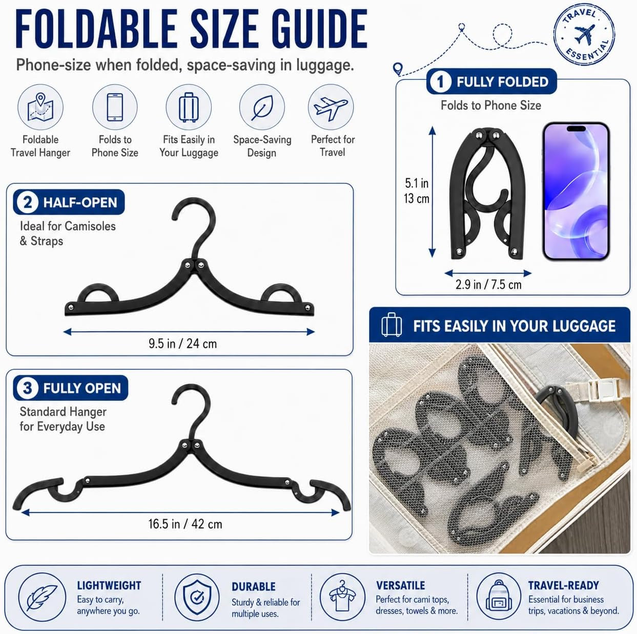 Neele 12-Piece Foldable Travel Clothes Hangers - Lightweight, Anti-Slip & Space-Saving in Black