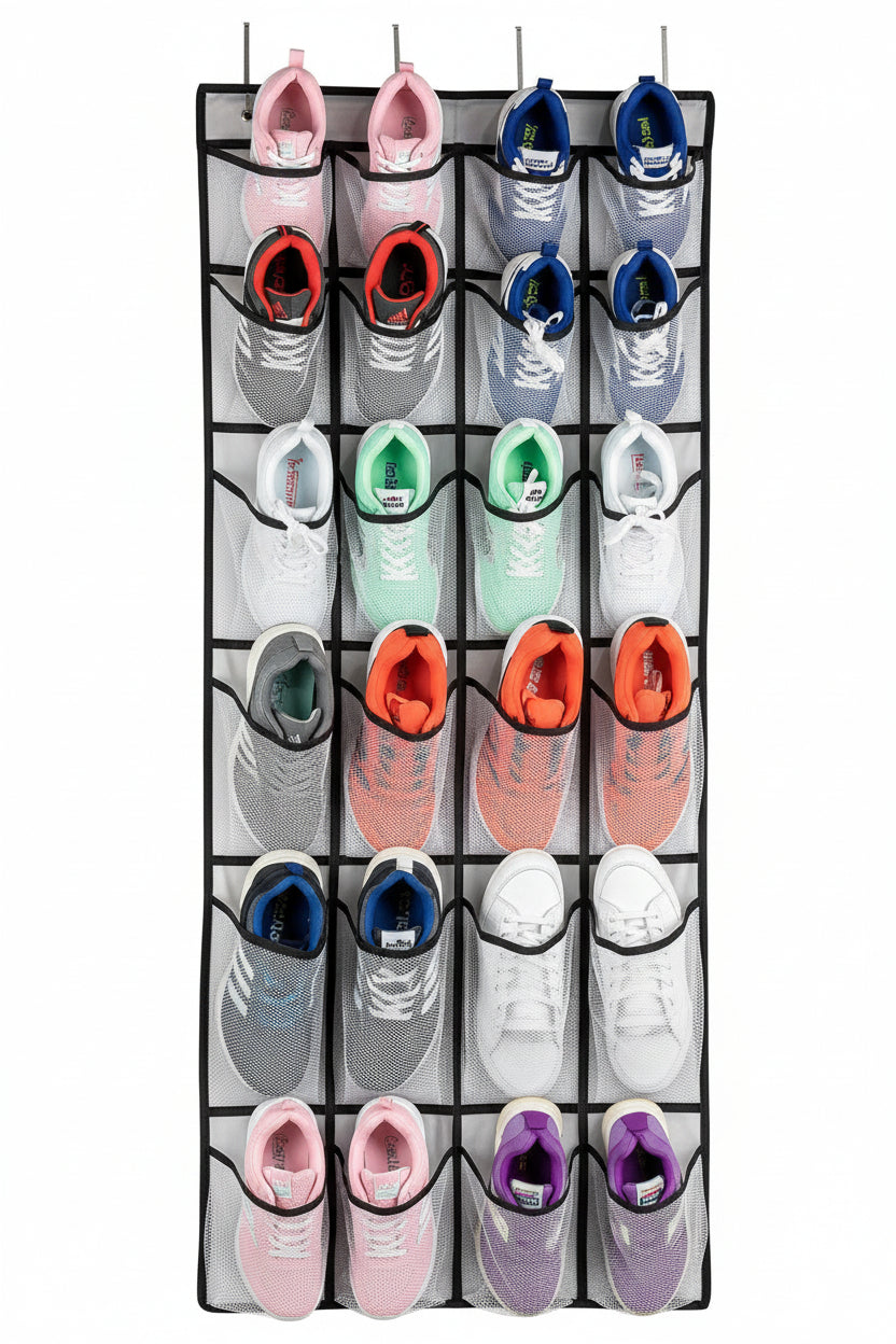 over the Door Shoe Organizer, Hanging Shoe Organizer with 24 Mesh Large Pockets Door Shoe Rack Organizer for Men Women Kids Hanging Shoe Storage Bag.(White)